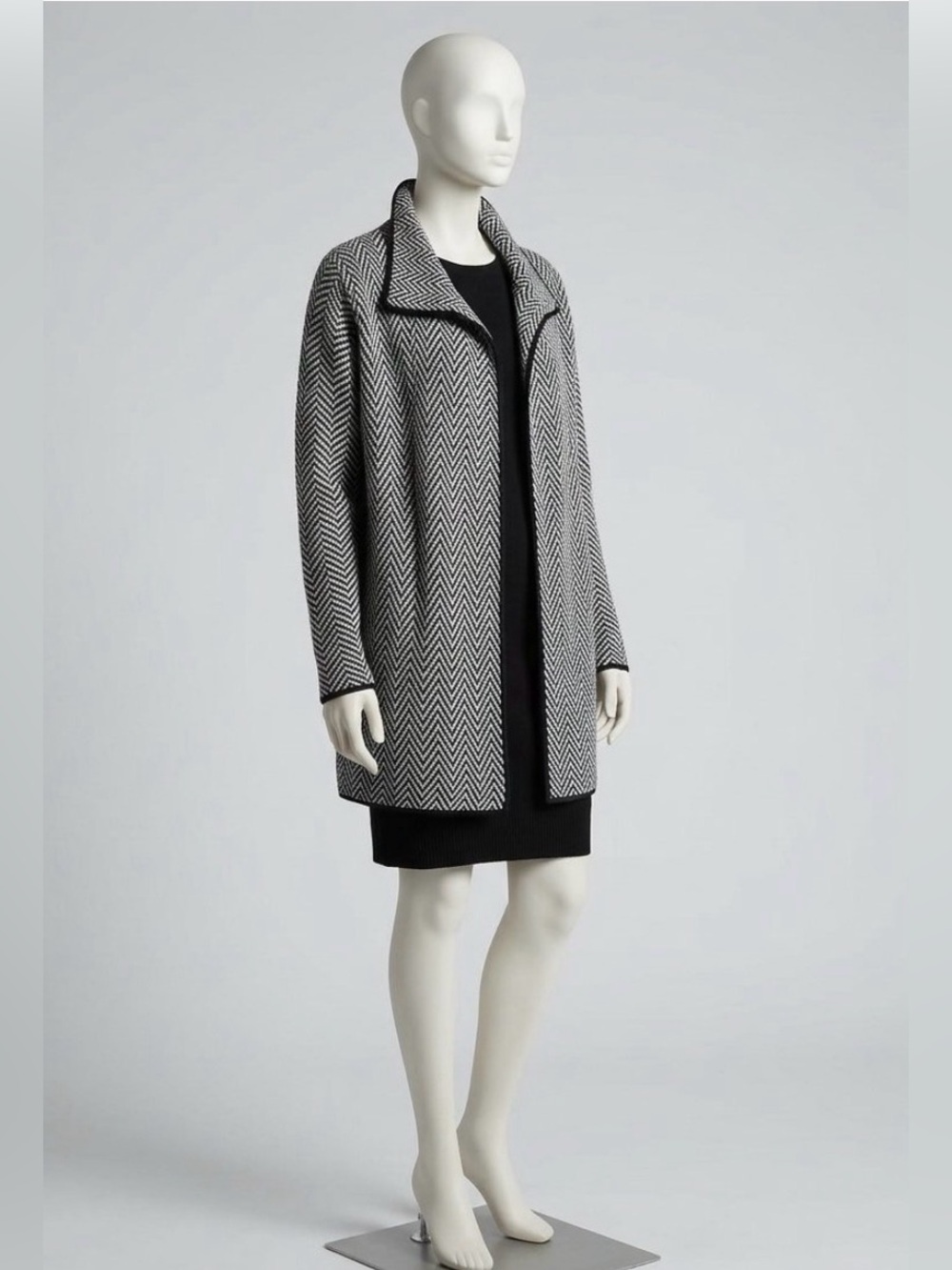 Talbots Chevron Knit Open Front Cardigan Sweater in Black & White